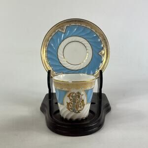 Antique French Demitasse Cup & Saucer Mansard Paris Blue Gold Monogram Porcelain